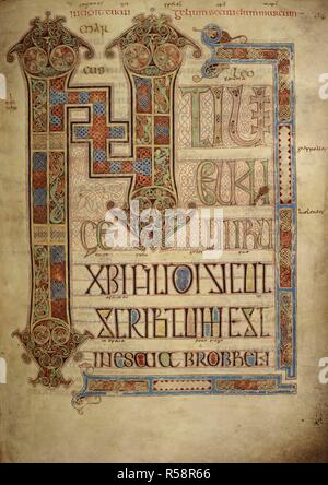 St. Mark's Gospel; Incipit page. Lindisfarne Gospels. N.E. England [Lindisfarne]; 710-721. [Whole folio] Incipit page to St. Mark's Gospel.Text with decorated letters 'INI'. Decorated borders  Image taken from Lindisfarne Gospels.  Originally published/produced in N.E. England [Lindisfarne]; 710-721. . Source: Cotton Nero D. IV, f.95. Language: Latin, with Anglo-Saxon glosses. Stock Photo