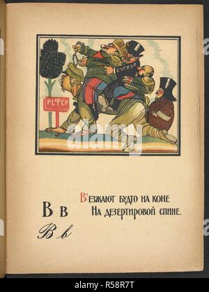 Ð’Ð²  Ð’ÑŠÐµÐ·Ð¶Ð°ÑŽÑ‚ Ð±ÑƒÐ´Ñ‚Ð¾ Ð½Ð° ÐºÐ¾Ð½Ðµ  ÐÐ° Ð´ÐµÐ·ÐµÑ€Ñ‚Ð¸Ñ€Ð¾Ð²Ð¾Ð¹ ÑÐ¿Ð¸Ð½Ðµ.  They are riding a soldier-deserter as if he were a horse â€“ Deserters are their main force .  Depicts General Denikin, a bourgeois and landowner riding on a white soldierâ€™s back past a sign for Soviet Russia. Denikin is clutching a noose. A clergy man walks behind them.    . ÐÐ·Ð±ÑƒÐºÐ° ÐºÑ€Ð°ÑÐ½Ð¾Ð°Ñ€Ð¼ÐµÐ¹Ñ†Ð° / ÐÐ°Ð¿Ð¸ÑÐ°Ð» Ð¸ Ð½Ð°Ñ€Ð¸ÑÐ¾Ð²Ð°Ð». [Moskva] : [Otdel voennoiÌ† lit-ry pri Revoliï¸ uï¸¡tï¸ sï¸¡ionnom sovete Respubliki]: [Gos. izd-vo], [1921] The department of war literature under t Stock Photo