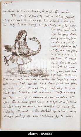 Alice prepares for croquet. Alice's Adventures Under Ground [in Wonderland]. England [Oxford]; 1862-1864. [Whole folio] Text and drawing from Chapter IV: Alice prepares for the croquet match. Under her arm, she holds the bird [here called an ostrich, but afterwards a flamingo] to be used as a mallet, with the hedgehog, which will be the croquet ball, at her feet  Image taken from Alice's Adventures Under Ground [in Wonderland].  Originally published/produced in England [Oxford]; 1862-1864. . Source: Add. 46700, f.39v. Language: English. Author: DODGSON, CHARLES LUTWIDGE. Dodgson, Charles Lutwi Stock Photo