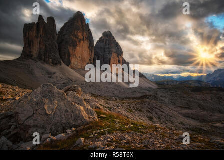 Dramatic sunset over the Drei Zinnen, South Tyrol, Dolomites, Italy Stock Photo