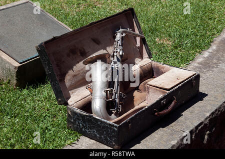 Sydney Australia, tarnished saxophone in old case with stained lining Stock Photo