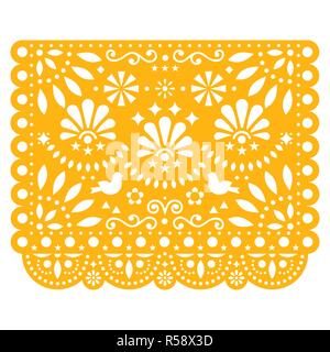 Papel Picado vector floral design with birds, Mexican paper decorations template in yellow, traditional fiesta banner Stock Vector