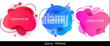 Set of plastic liquid gradient waves with geometric lines Stock Vector