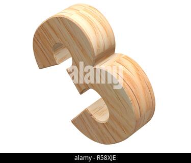 Decorative wooden alphabet digit zero symbol - 3. 3d rendering illustration. Isolated on white background Stock Photo