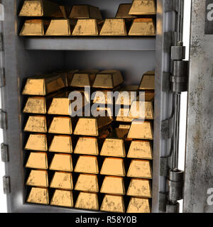 Old open safe with gold bars on an isolated white background. 3d illustration