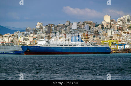 Car and passenger ferry M/F European Express moored in a Perama Shipyard port of Piraeus Athens Greece Europe Stock Photo