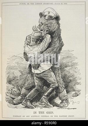 'In the grip'. Portrait of any Austrian general on the Eastern front'. A cartoon of the First World War, depicting an Austrian officer in the grip of a bear, representing Russia. Punch or the London charivari. London, 1916. Source: C.194.b.199 Augusr 23, 1916 page 135. Author: Raven-Hill, Leonard. Stock Photo