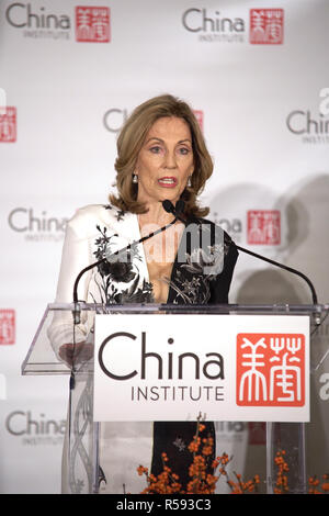 New York, USA. 30th Nov, 2018. Dame Jillian Sackler, who founded the Arthur M. Sackler Museum of Art and Archaeology at China's Peking University with her late husband Dr. Arthur M. Sackler, speaks at the awarding ceremony of the annual Blue Cloud Award in New York, the United States, Nov. 28, 2018. Four individuals were honored the Blue Cloud Award by the New York-based China Institute Wednesday night for their efforts in promoting greater cross-cultural understanding between China and the United States. Credit: Xinhua/Alamy Live News Stock Photo