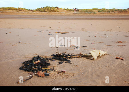 Crosby, Merseyside. 30th Nov 2018. UK Weather. UK Storm Diana beach debris on the shoreline. The inevitable assortment of plastic debris washed up by the tide and deposited on the famous beach near Liverpool. Crosby beach is known as a Another Place and is the site of an iron men installation of 100 figures by the artist Antony Gormley. Credit: MediaWorldImages/AlamyLiveNews. Stock Photo