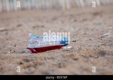 Crosby, Merseyside. 30th Nov 2018. UK Weather. UK Storm Diana beach debris on the shoreline. The inevitable assortment of plastic debris washed up by the tide and deposited on the famous beach near Liverpool. Crosby beach is known as a Another Place and is the site of an iron men installation of 100 figures by the artist Antony Gormley. Credit: MediaWorldImages/AlamyLiveNews. Stock Photo