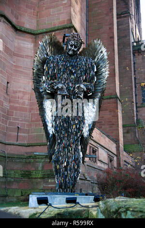 Liverpool, UK. 30 November 2018. 'The Knife Angel' is a 27 feet high sculpture composed of knives by the artist Alfie Bradley as a national monument against violence and aggression. It has been installed out Liverpool Cathedral and will remain in place until 31st January 2019. A memorial to those whose lives have been affected by knife crime, Alfie has designed and created the artwork single-handedly at the British Ironworks Centre. Credit: Premos/Alamy Live News