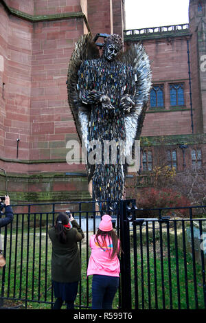 Liverpool, UK. 30 November 2018. 'The Knife Angel' is a 27 feet high sculpture composed of knives by the artist Alfie Bradley as a national monument against violence and aggression. It has been installed out Liverpool Cathedral and will remain in place until 31st January 2019. A memorial to those whose lives have been affected by knife crime, Alfie has designed and created the artwork single-handedly at the British Ironworks Centre. Credit: Premos/Alamy Live News