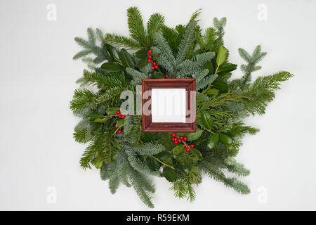 A circle of branches of different fir varieties. Green and blue firs. A brown frame give copy space for own design. Stock Photo