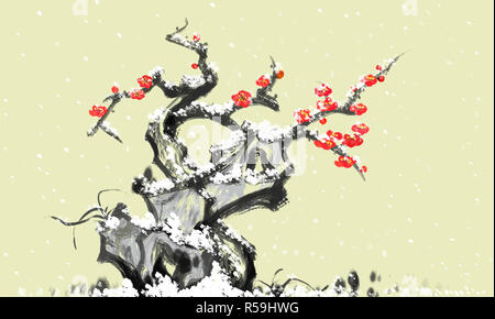 Stone snow plum Blossom Chinese painting Stock Photo