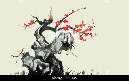 Stone plum Chinese painting Stock Photo