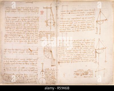 Leonardo da Vinci's notes. Notebook of Leonardo da Vinci. early 16th century. [Whole folios] Notes and diagrams by Leonarda Vinci  Image taken from Notebook of Leonardo da Vinci.  Originally published/produced in early 16th century. . Source: Arundel 263, ff.67v,66. Language: Italian. Stock Photo