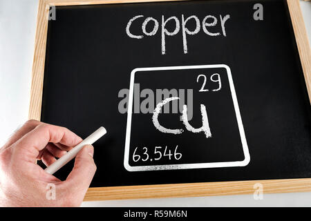 Symbol of the chemical element copper drawn on a black slate with chalk, conceptual image Stock Photo