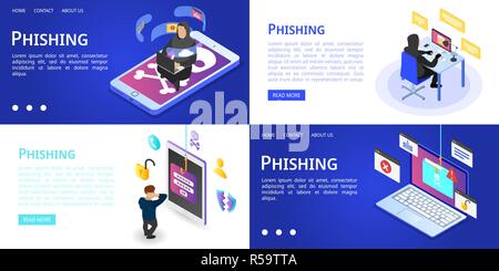 Phishing banner set. Isometric set of phishing vector banner for web design Stock Vector