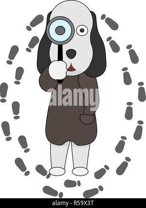 A dog detective holds a magnifying glass in his hand. Search dog logo in flat style. Stock Vector