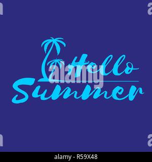 Lettering Hello Summer with palm trees on island Stock Vector