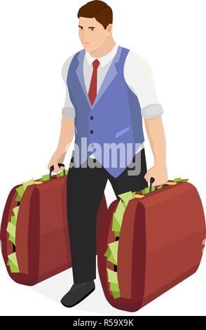 Successful businessman with two suitcases of money. Strong man carries huge suitcases with money. Stock Vector