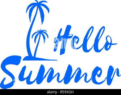 Hello Summer. Calligraphy quote with palm trees on island Stock Vector