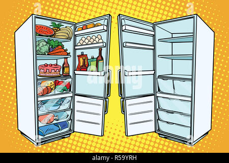 Two refrigerators. One with food and the other empty Stock Photo