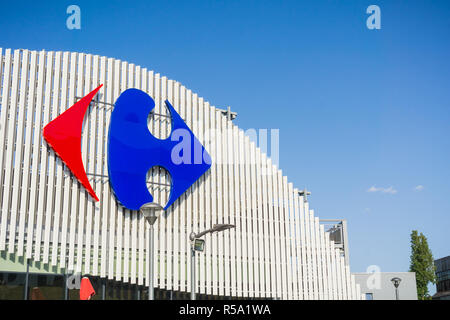 September 13, 2017 Bucharest, Romania - Carrefour logo above the store entrance Stock Photo