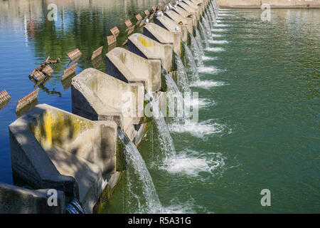 Dam on Dambovita river near downtown to regulate the water level, Bucharest, Romania Stock Photo