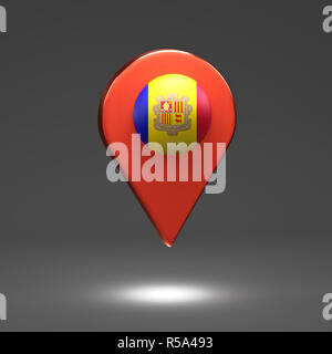 3D render Illustration. Map pointers with flag Andora. Stock Photo