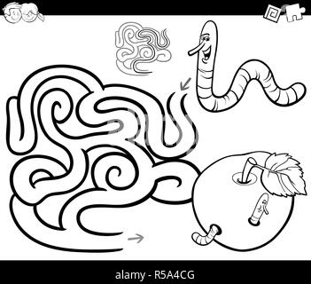 maze with worm and apple coloring page Stock Photo