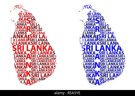 Sketch Sri Lanka letter text map, Democratic Socialist Republic of Sri Lanka - in the shape of the continent, Map Sri Lanka (Ceylon) - red and blue ve Stock Vector