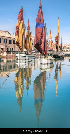 2017-07-27 - Cesenatico, Emilia Romagna, Italy. Antique fishing sailboats in the port of Cesenatico Stock Photo