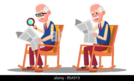 Visually Impaired Elderly Man Reading A Book Through A Magnifying Glass Vector. Isolated Cartoon Illustration Stock Vector