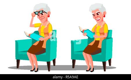 Visually Impaired Elderly Woman Reading A Book Vector. Isolated Cartoon Illustration Stock Vector