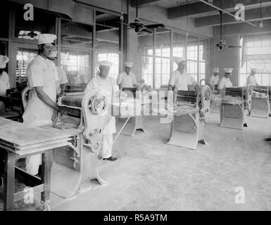 Industries of War - Chewing Gum - MANUFACTURING CHEWING GUM. Running gum through press in plant of Beech-Nut Packing Co., Canajoharie, New York ca. 1918 Stock Photo