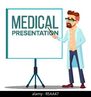 Doctor Man In White Coat Near Meeting Projector Screen, Medical Presentation Vector. Isolated Cartoon Illustration Stock Vector