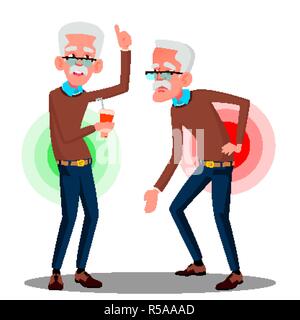 Bent Over Old Man From Back Ache, Sciatica Vector. Isolated Cartoon Illustration Stock Vector