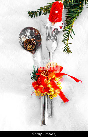 Christmas table place setting. Holidays background Stock Photo