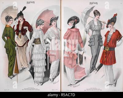 Fashion plate showing women's clothing. Le costume royal. New York, 1914. Source: Le costume royal, volume 18, no.8, pages 20-21, May 1914. Stock Photo