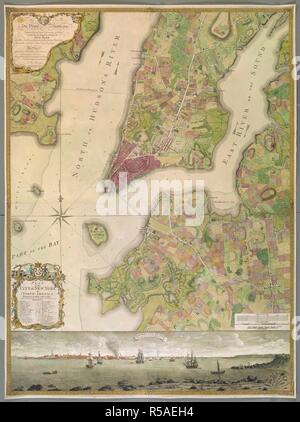 An 18th century plan of the city of New York. PLAN of the CITY of NEW YORK, in North America : Surveyed in the Years 1766 & 1767 / B. Ratzer, Lieut.t in His Majestys 60th or Royal American Reg.t. [London] : [Thomas Kitchin], [about 1770.]. 1 map on 3 sheets : joined and laid on linen, copperplate engraving with original hand colour ; map 118 x 86 cm; Scale approximately 1:1000. Source: Maps K.Top.121.36.b. Author: Ratzer, Bernard. Stock Photo