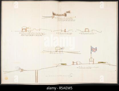 Six sections of different parts of Castle Island arranged in four rows, with the north-east bastion above, bomb-proof barracks, south-east passage and bomb-proof powder house below, a cannon firing from the block-house facing the sea, and the British flag flying over the buildings seen in profile from the north at bottom. The Respective Profiles belonging to the great Iconografical Draughts of Castle Island in the Bay of Boston. between 1705 and 1706. Source: Maps K.Top.120.39.b. Language: English. Stock Photo