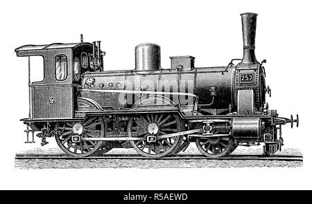 Locomotives from the 19th century, Passenger train locomotive of the Prussian state railway, woodcut, Germany Stock Photo