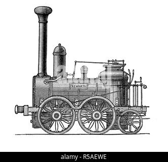 Locomotives from the 19th century, the engine Saxonia, first built in Germany, 1838, woodcut, Germany Stock Photo