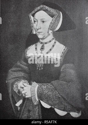 Jane Seymour, c. 1508, 24 October 1537, was Queen of England from 1536 to 1537 as the third wife of King Henry VIII, woodcut Stock Photo