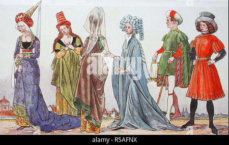 Clothes, fashion in Germany under Burgundian influence from 1410-1460, illustration, Germany Stock Photo