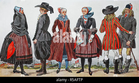 People in traditional costumes, fashion, clothes in Denmark, costumes around 1800, illustration, Denmark Stock Photo