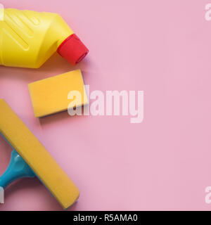 Cleaning tools. cleaning equipment in yellow and red colors.Top view. Stock Photo