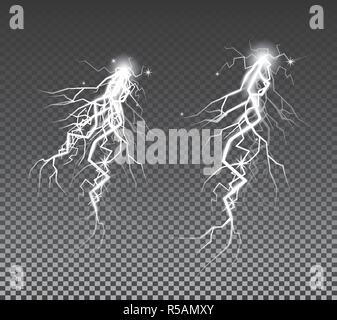 Set of Lightnings on Transparent Background. Thunder Storm and Lightnings. Vector Illustration. Stock Vector