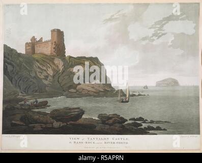 A view of Tantalon Castle, the Bass Rock and the River Forth. View of Tantalon Castle, the Bass Rock, and the River Forth. 1792. Source: Maps K.Top.49.89.b. Language: English. Author: Dodd, R. Stock Photo